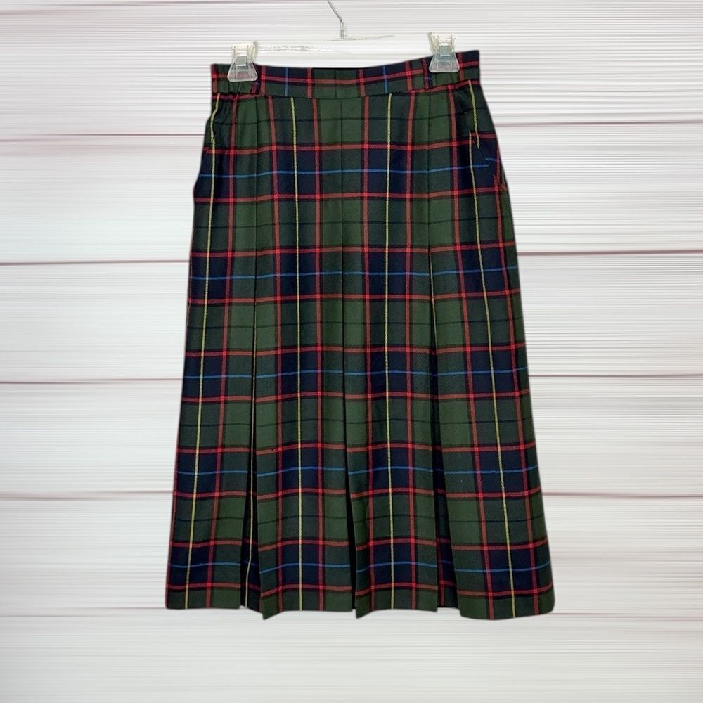 Vintage Midi Tartan Pleated Skirt Green Wool Pockets BIANCA Germany 36 US 6